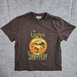 Ganni Shirt Womens Large Brown‎ Experiencing Jupiter Graphic Sound of Space Tee